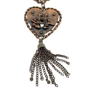Lovebirds Heart Necklace Vintage SHP EXCL Womens Copper Tone With Tassel 24"